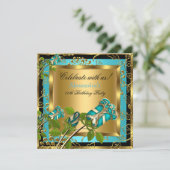 Aquamarin Blue Birthday Party Gold Floral Black Ro Einladung (Stehend Vorderseite)