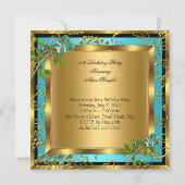 Aquamarin Blue Birthday Party Gold Floral Black Ro Einladung (Rückseite)