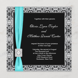 Aquamarin Blue Black and Silver Wedding Einladung