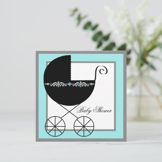 Aquamarin Blue Black Carriage Baby Shower Einladun Einladung (Stehend Vorderseite)