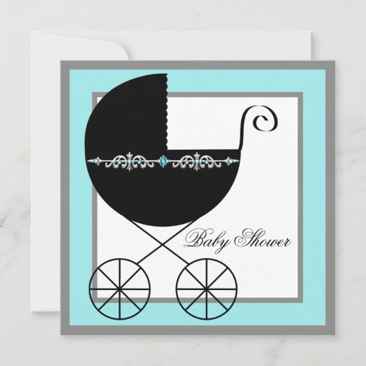 Aquamarin Blue Black Carriage Baby Shower Einladun Einladung (Vorderseite)