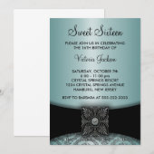 Aquamarin Blue Black Damask 16 . Geburtstag Party Einladung (Vorne/Hinten)