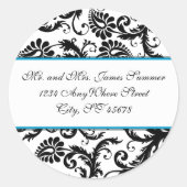 Aquamarin Blue Black Damask Adresse Hochzeitsticke Runder Aufkleber (Vorderseite)