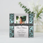 Aquamarin Blue Black Damask Foto Sweet 16 Party Einladung (Stehend Vorderseite)
