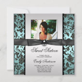 Aquamarin Blue Black Damask Foto Sweet 16 Party Einladung (Vorderseite)