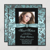 Aquamarin Blue Black Damask Foto Sweet 16 Party Einladung (Vorne/Hinten)