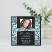 Aquamarin Blue Black Damask Foto Sweet 16 Party Einladung (Stehend Vorderseite)