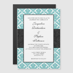 Aquamarin Blue Black Damask Magnetic Wedites lädt  Magneteinladung