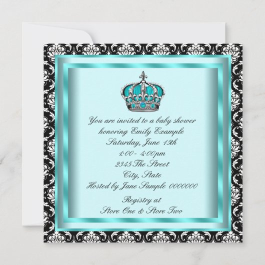 Aquamarin Blue Black Damask Prince Baby Boy Dusche Einladung (Rückseite)