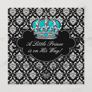 Aquamarin Blue Black Damask Prince Baby Boy Dusche Einladung