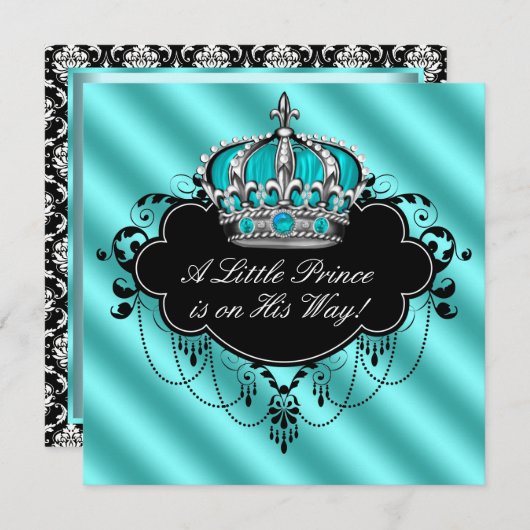 Aquamarin Blue Black Damask Prince Baby Boy Dusche Einladung (Vorne/Hinten)