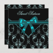 Aquamarin Blue Black Damask Sweet 16 Party Einladung (Vorne/Hinten)