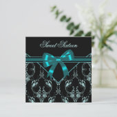 Aquamarin Blue Black Damask Sweet 16 Party Einladung (Stehend Vorderseite)