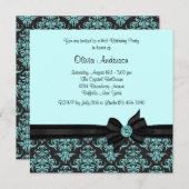 Aquamarin Blue Black Damask Sweet 16 Party Einladung (Vorne/Hinten)