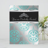 Aquamarin Blue Black Damask Tiara Aquamarin Quince Einladung (Stehend Vorderseite)