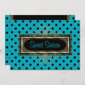 Aquamarin Blue Black Gold 16 . Geburtstag Geburtst Einladung (Vorne/Hinten)