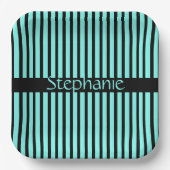 Aquamarin Blue Black Individuelle Name Stripes Bab Pappteller (Vorderseite)