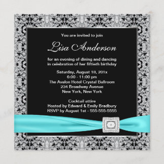 Aquamarin Blue Black Lace Womans 50. Geburtstagspa Einladung