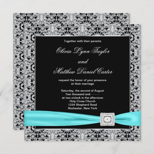 Aquamarin Blue Black Silver Lace Classy Wedding Einladung (Vorne/Hinten)