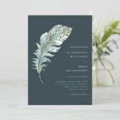 Aquamarin Blue Boho Feather Minimal Hochzeit Einla Einladung (Stehend Vorderseite)