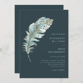 Aquamarin Blue Boho Feather Minimal Hochzeit Einla Einladung (Vorne/Hinten)