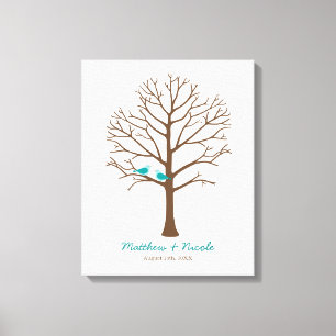Aquamarin Blue Brown Birds Fingerprint Tree Hochze Leinwanddruck
