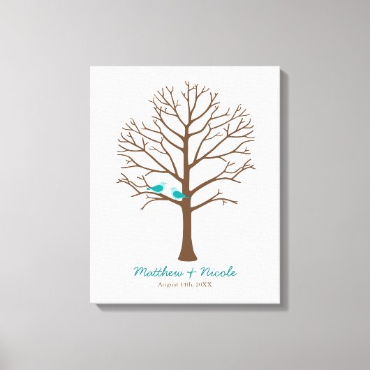 Aquamarin Blue Brown Birds Fingerprint Tree Hochze Leinwanddruck (Vorderseite)