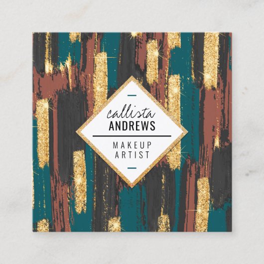 Aquamarin Blue Brown Black Gold Glitzer Paint Make Quadratische Visitenkarte (Vorderseite)