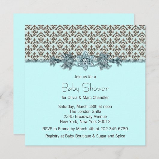 Aquamarin Blue Brown Damask Baby Dusche Einladung (Vorne/Hinten)