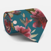 Aquamarin Blue & Burgundy Raspberry Pink Peony Wed Krawatte (Gerollt)