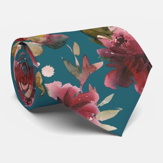 Aquamarin Blue & Burgundy Raspberry Pink Peony Wed Krawatte (Gerollt)