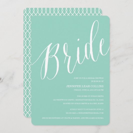 Aquamarin Blue Calligraphy Bridal Shower Einladung (Vorne/Hinten)