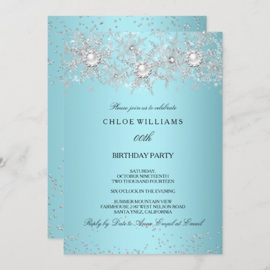 Aquamarin Blue Crystal Pearl Snowflake Silver Wint Einladung (Vorne/Hinten)