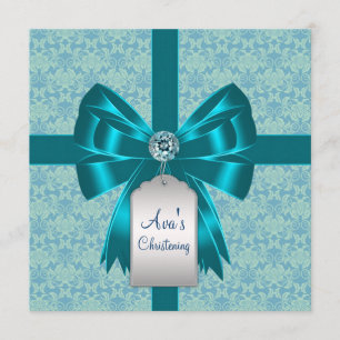 Aquamarin Blue Damask Baby Taufe Christening Einladung