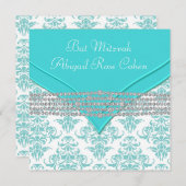 Aquamarin Blue Damask Bat Mitzvah Einladung (Vorne/Hinten)