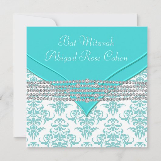 Aquamarin Blue Damask Bat Mitzvah Einladung (Vorderseite)