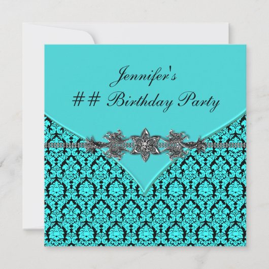 Aquamarin Blue Damask Geburtstagsparty Einladung (Vorderseite)