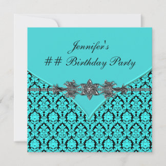 Aquamarin Blue Damask Geburtstagsparty Einladung