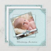 Aquamarin Blue Damask Girl Foto Christening Einladung (Vorne/Hinten)