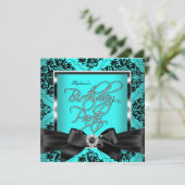 Aquamarin Blue Damask Silver Black Birthday Party Einladung (Stehend Vorderseite)