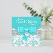 Aquamarin Blue Damask Sweet 16 Party Einladung (Stehend Vorderseite)