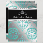 Aquamarin Blue Damask Tiara Princess Erster Geburt Einladung (Vorne/Hinten)