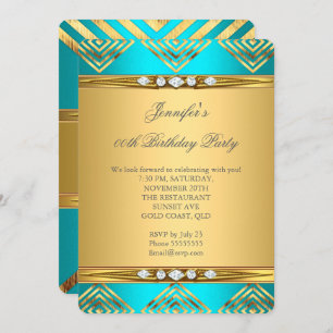 Aquamarin Blue Deko Stripe Gold Diamond Party Einladung