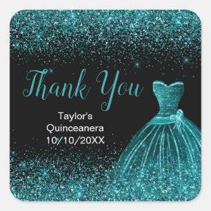 Aquamarin Blue Dress Imitate Glitzer Quinceanera Quadratischer Aufkleber
