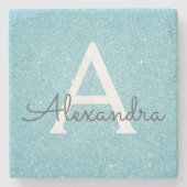 Aquamarin Blue Elegante Glitzer & Sparkle Monogram Steinuntersetzer (Vorderseite)