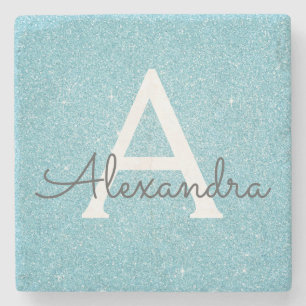 Aquamarin Blue Elegante Glitzer & Sparkle Monogram Steinuntersetzer