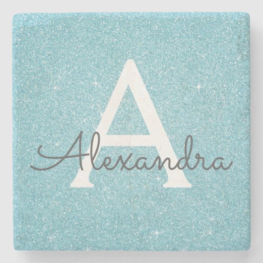 Aquamarin Blue Elegante Glitzer & Sparkle Monogram Steinuntersetzer (Vorderseite)