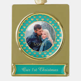 Aquamarin Blue First Christmas Gold Heart Banner-Ornament Gold