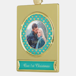 Aquamarin Blue First Christmas Gold Heart Banner-Ornament Gold
