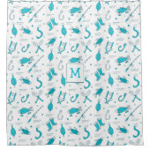 Aquamarin Blue Fishing Seamless Muster Mit Monogra Duschvorhang (Vorderseite)